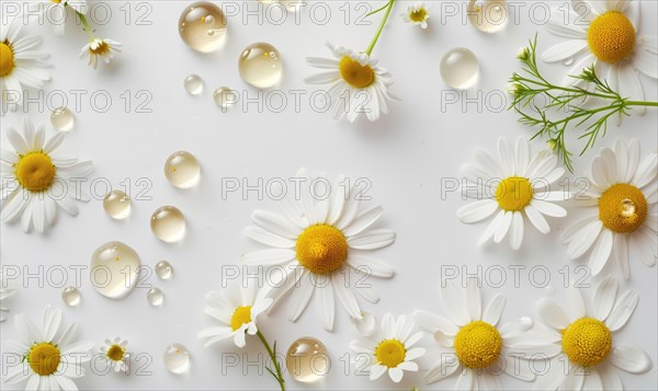 Chamomile essential oil droplets on chamomile flowers, nature beauty background AI generated