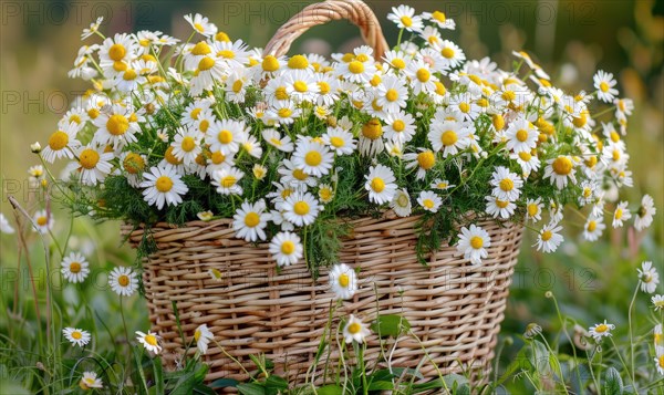 Chamomile flowers in a wicker basket AI generated