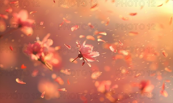 Cherry blossom petals in the breeze, floral background, soft focus, blurred background AI generated