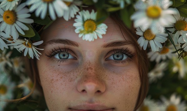 Daisies arranged in a floral crown, young woman in floral crown, nature beauty AI generated