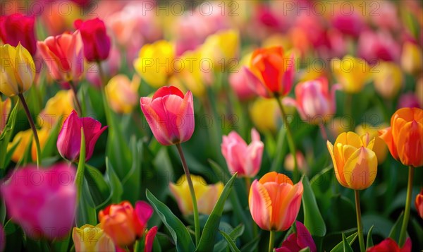 Field of vibrant tulips, spring nature, tulip background AI generated