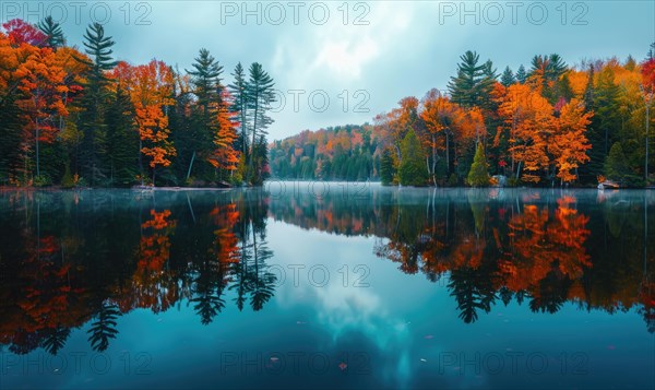 Autumn foliage reflected in the calm waters of the lake, nature background AI generated