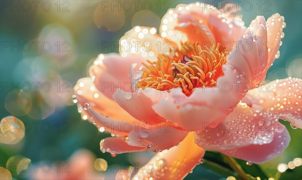 Close-up of a peony flower with dewdrops sparkling in the morning light AI generated