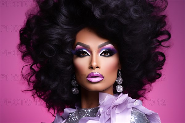 Portrait of drag queen with big black hair on pink studio background. KI generiert, generiert, AI generated