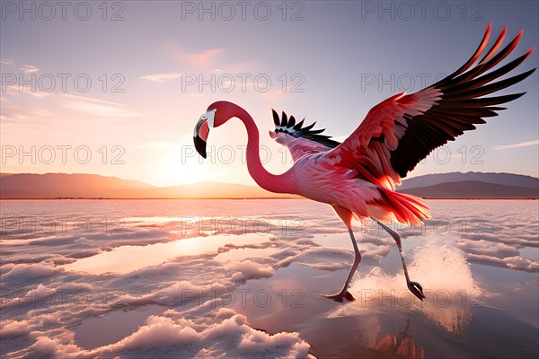 Flamingo portrait against atacama desert salt flats, AI generated