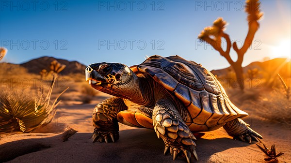 Desert tortoise traversing joshua tree wilderness in the mojave desert, AI generated