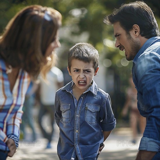 An angry boy screams while being held outside by worried parents, AI generated