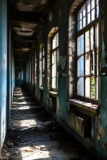 Psychiatric ward interior in abandoned hospital showcasing decay barred windows, AI generated, hospital, damage, abandoned, ruin, decrepit