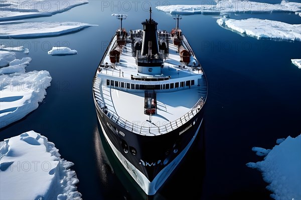 Aerial view of churned ice and open water trailing an icebreaker through pristine icy wilderness, AI generated