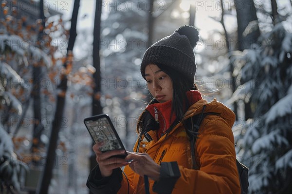 A woman in a yellow jacket looking at her smartphone amidst autumn leaves, AI generated