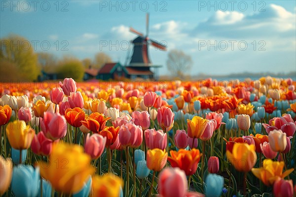 A colorful field of tulips with a traditional Dutch windmill in the background, AI generated