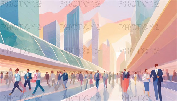 Artwork of people in business attire mingling in a modern cityscape with pastel tones, low poly style, AI generated