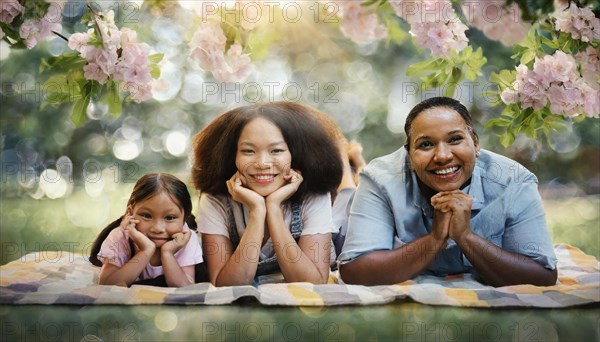 A happy mother and daughter lying on a picnic blanket surrounded by nature and flowers, AI generated