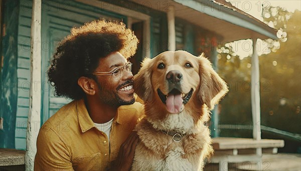 A man and his dog are smiling for the camera. The man is wearing casual the dog is wearing a collar. Scene is happy familiar and friendly AI generated