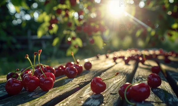 Ripe cherries scattered on a wooden picnic table in the dappled sunlight of a cherry orchard AI generated