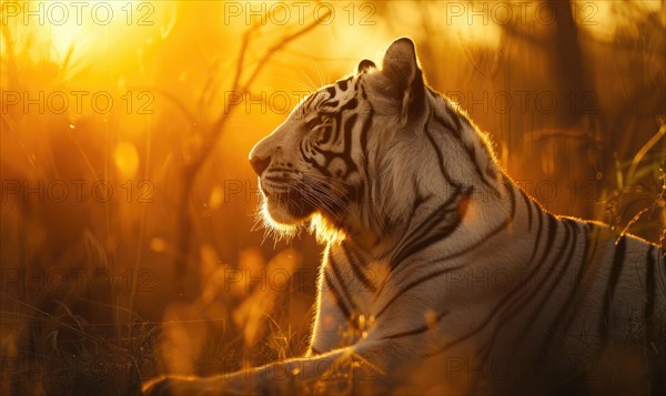 A white tiger basking in the warm glow of the setting sun AI generated