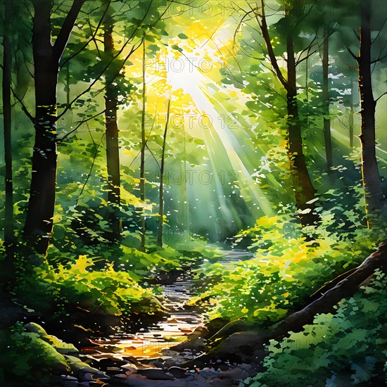 AI generated illustration of tranquil woodland composition awash in layers of diverse green tones sunlight spiraling and flickering