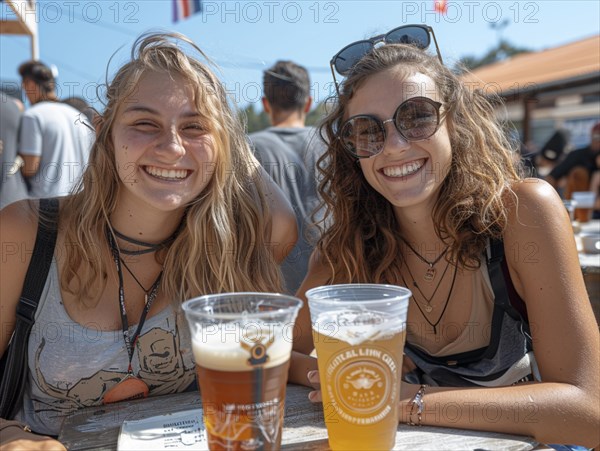 Zwei Freundinnen laecheln und geniessen Bier an einem sonnigen Tag im Freien, Lifestyle in Paris, Frankreich, AI generiert, AI generated