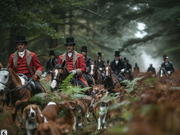 Traditional fox hunting with traditional clothing in England on horseback with dogs over hill and dale, AI generated