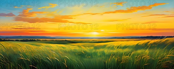 AI generated abstract painting of grasslands under a blazing sunset waves of greens