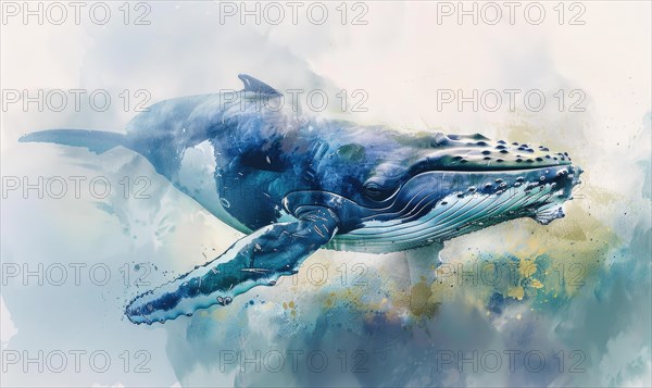 Watercolor illustration of a humpback whale in the ocean AI generated