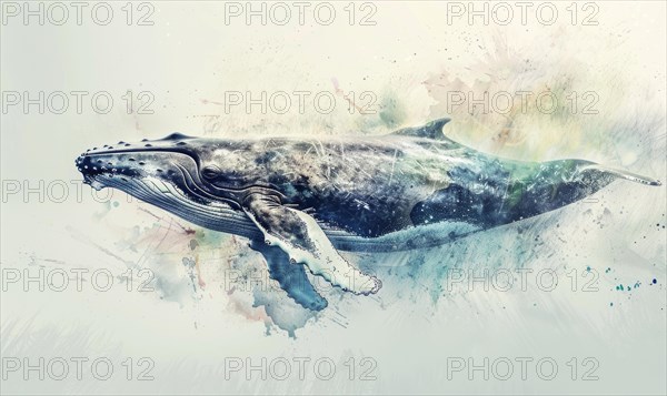 Watercolor illustration of a humpback whale in the ocean AI generated