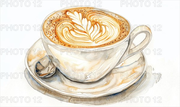 Watercolor illustration of a latte with foam art AI generated