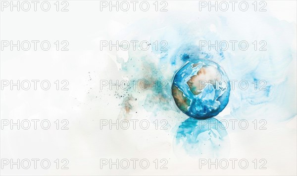 Watercolor illustration of Earth globe suspended in a clear blue sky AI generated