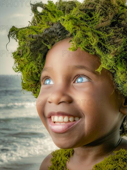 Delighted child with bright eyes and a nature-inspired headdress, moss growing and thriving, creating a mystical and enchanting effect, blue sky backdrop, earth day concept, AI generated