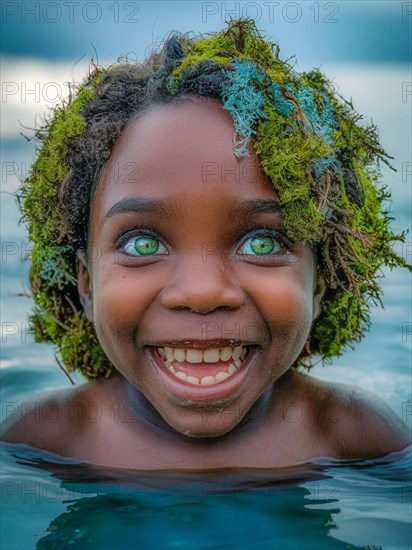 Joyful child in the ocean against vivid blue sky, adorned with a natural seaweed crown, earth day concept, AI generated