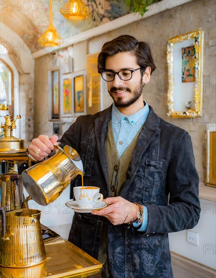 Stylish man carefully pouring coffee from a gold service set amidst antique, pattern-rich surroundings, Vertical aspect ratio, AI generated