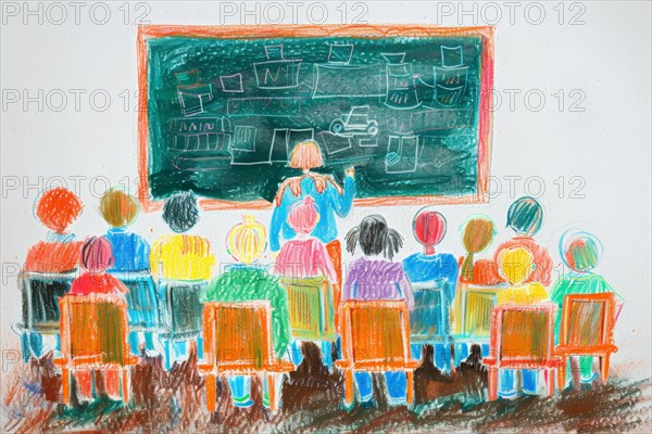 Pupils in a classroom, the teacher is teaching on a blackboard, drawing with coloured pencils by a child of primary school age, AI generated, AI generated, AI generated