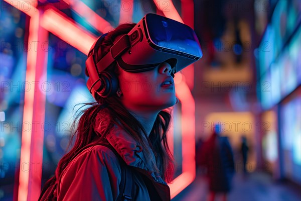Woman with VR headset surrounded by vibrant neon lights, engrossed in a virtual experience, AI generated