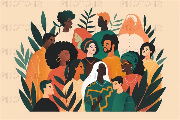 Artistic illustration of a diverse group of people surrounded by tropical leaves, illustration, AI generated