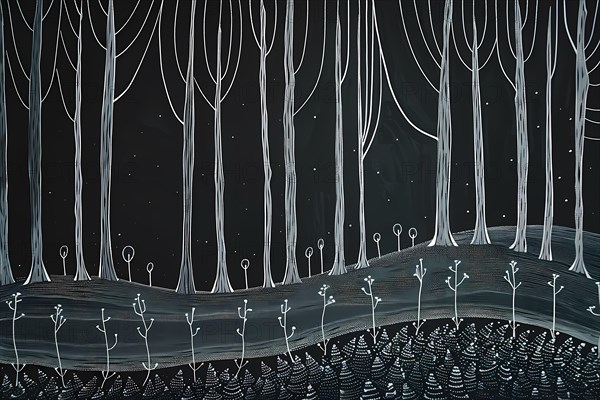 Illustration of a whimsical night forest with white trees and stars, illustration, AI generated