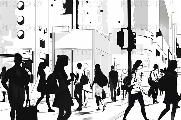 Stylized black and white illustration of busy city street with pedestrians, illustration, AI generated