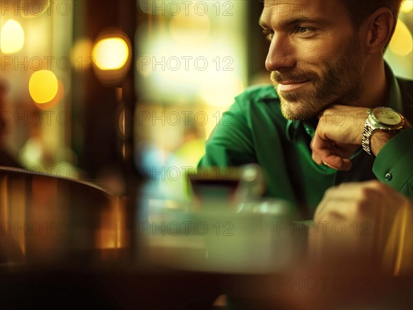 Stylish man in a cafe looking thoughtfully into the distance with warm bokeh lights in the background, coffee shop, Rome, Italy, AI generated, Europe