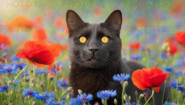 KI generated, animal, animals, mammal, mammals, cat, felidae (Felis catus), lying in a meadow with flowers, cornflowers, poppies