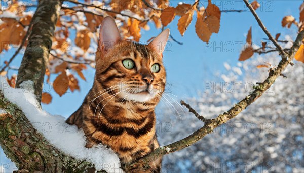 AI generated, animal, animals, mammal, mammals, cat, felidae (Felis catus), a cat resting on a branch in a tree, autumn, snow, onset of winter