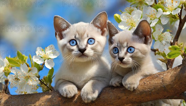 KI generated, animal, animals, mammal, mammals, cat, felidae (Felis catus), two kittens resting in a fruit tree, tree blossom, spring, summer