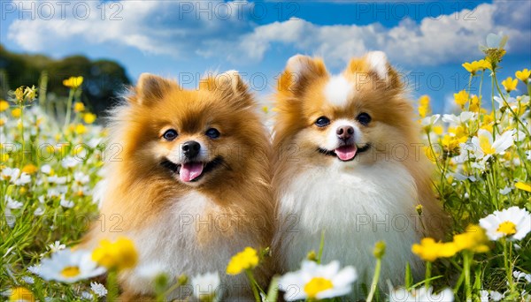 Ai generated, animal, animals, mammal, mammals, a, single animal, dwarf spitz, Spitz, (Canis lupus familiaris), dog, dogs, bitch, Pomeranians, a bitch and a puppy in a flower meadow