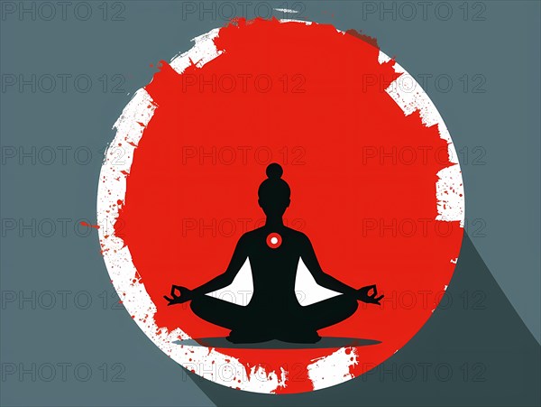Silhouette of a person meditating inside a textured red circle symbolizing zen and calmness, illustration, AI generated