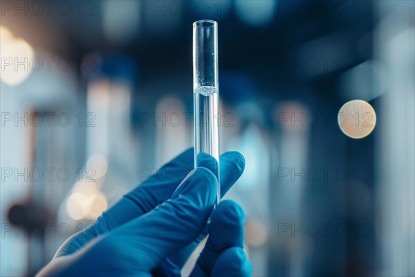 Scientist's hand holding test tube with liquid in research lab. KI generiert, generiert, AI generated