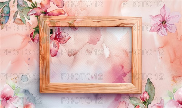 A gold frame with pink flowers on the wall. Abstract background with frame and space for text AI generated