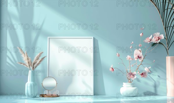 Flat background with blank poster mockup on blue wall AI generated