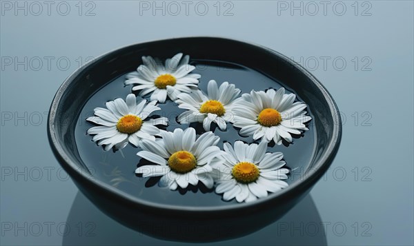 Daisies floating in a bowl of water, close up AI generated