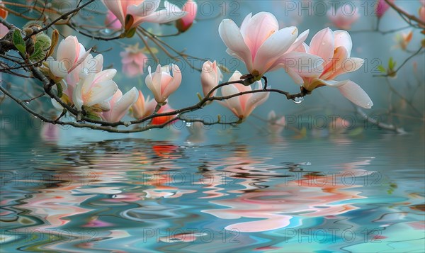 Magnolia blossoms reflected in the still waters of a tranquil pond. Magnolia blossoms touch water surface AI generated