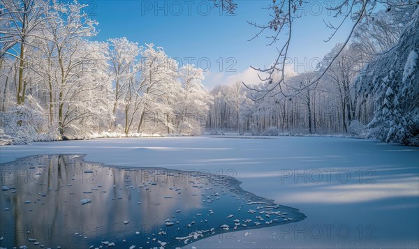 A winter landscape with a frozen lake and snow-covered forest AI generated