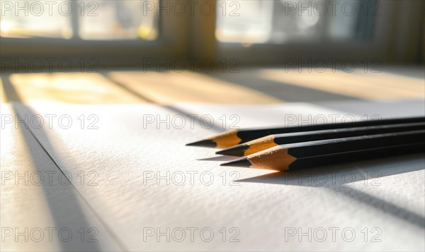 Graphite pencils and white paper illuminated by natural through a window AI generated