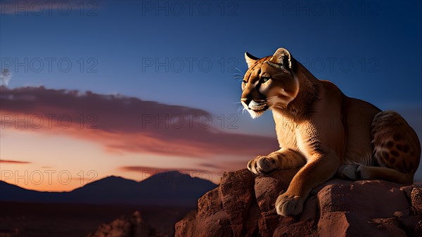 Puma perched atop a rugged rocky outcrop surveilling vast arid expanse of atacama desert, AI generated